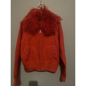 Metro Style VTG 100% Boiled Wool Ladies Large Red‎ Jacket With Fur Collar